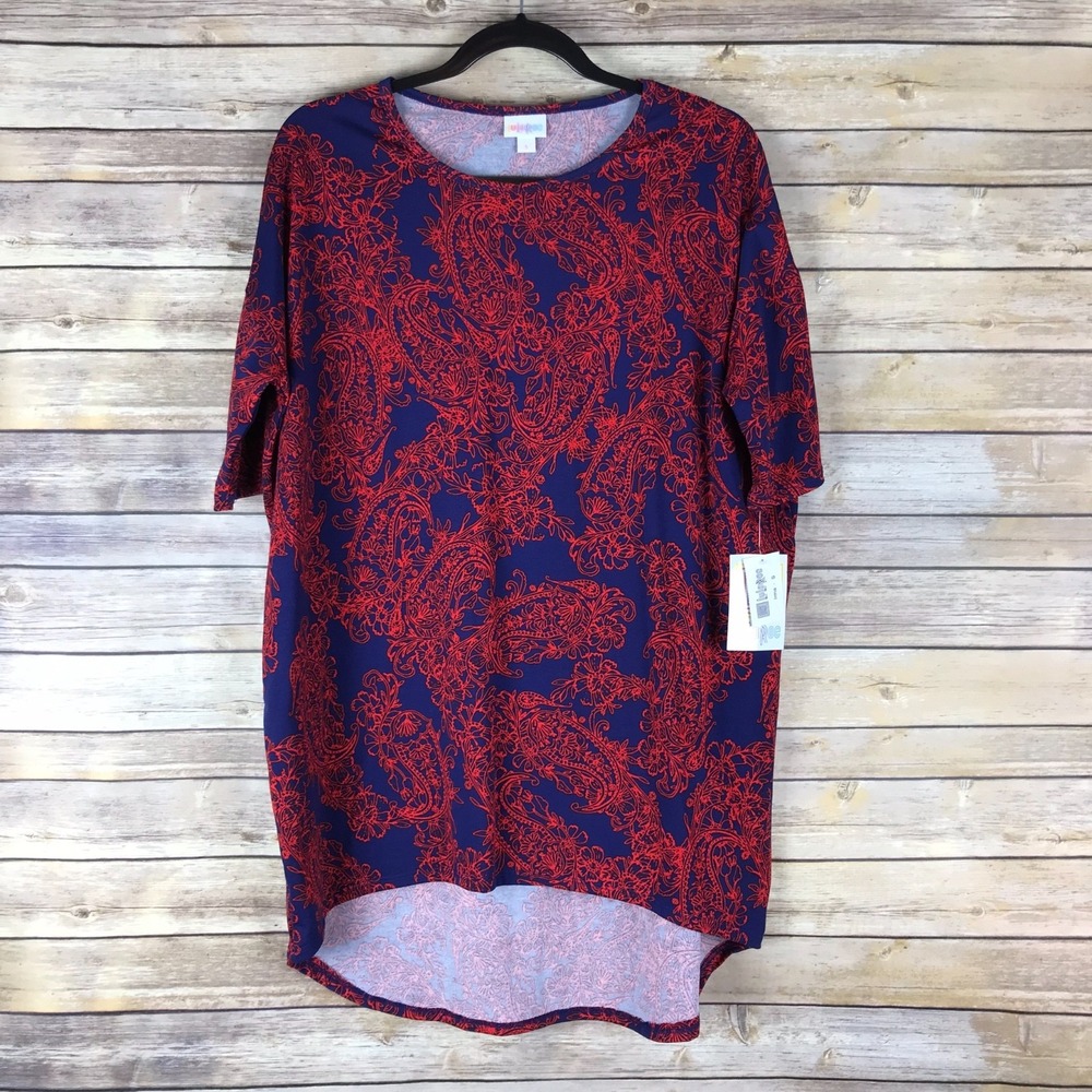 Lularoe Top Womens S Blue Red Paisley Irma T-Shirt Tunic Short Sleeve Round Neck
